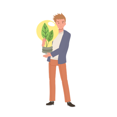 Man holding Light Bulb with green leaf inside  Illustration