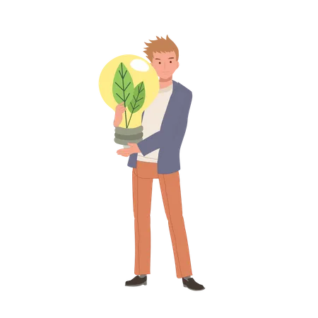 Growing Green Technology Concept Green Energy Man Holding Light Bulb With Green Leaf Inside Illustration