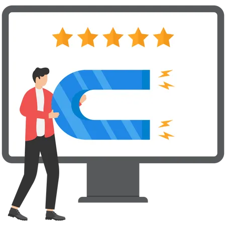 Customer Attraction Marketing Strategy Man Holding Magnet Standing Front Computer Monitor Illustration