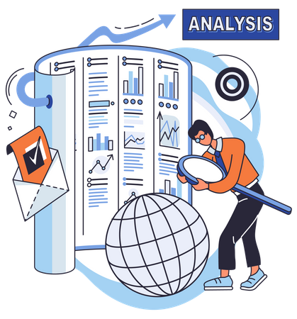 Man holding magnifier and analyzing big data  Illustration