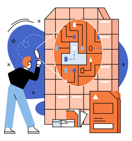 Man holding magnifier and analyzing data with report  Illustration