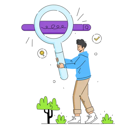 Man holding magnifying glass looking at the website Illustration