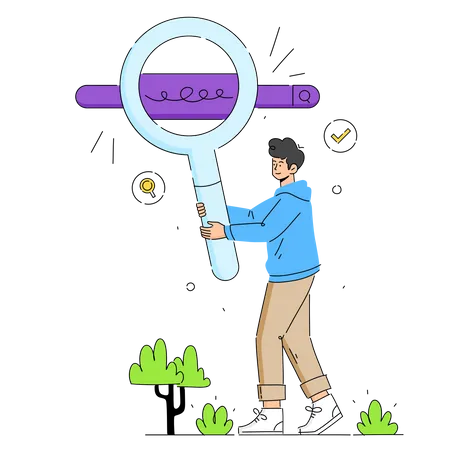 Man holding magnifying glass looking at the website  Illustration