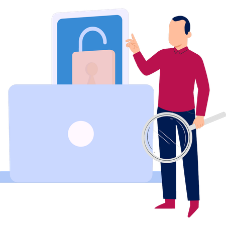 Man holding magnifying glass while find secure data  Illustration