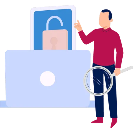 Man holding magnifying glass while find secure data  Illustration