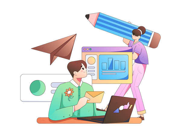 Man holding mail while girl editing analysis chart  Illustration