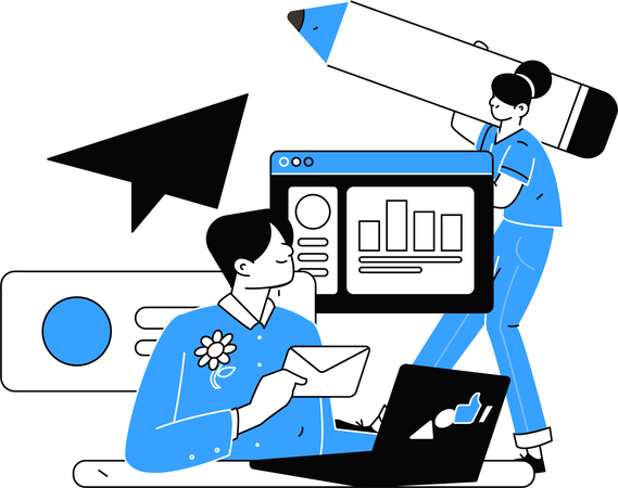 Man holding mail while girl making business report  Illustration