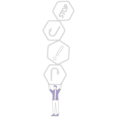 Man holding many road danger signs  Illustration