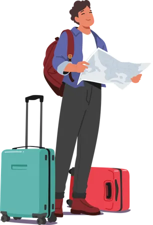 Man Holding A Map And Carrying Luggage Looking Prepared To Travel Image Promoting Travel Related Products And Services Airlines Hotels Agencies And Tour Companies Cartoon Vector Illustration Illustration