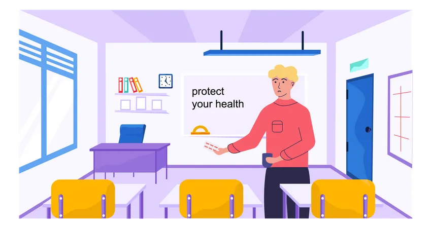 Healthy Lifestyle Concept Protect Human Health Man With Pills In His Hands Conducts Lesson Teacher Talks About Taking Care Of Health Back To School Concept Male Character With Medicines Teaching Illustration