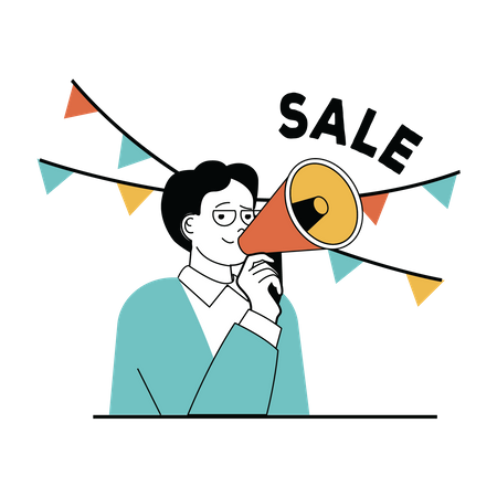 Man holding megaphone and announcing sale  Illustration