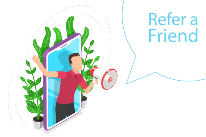 Isometric Flat Vector Concept Of Refer A Friend Illustration With A Man Got Out Of A Smartphone Shouting To Megaphone Illustration