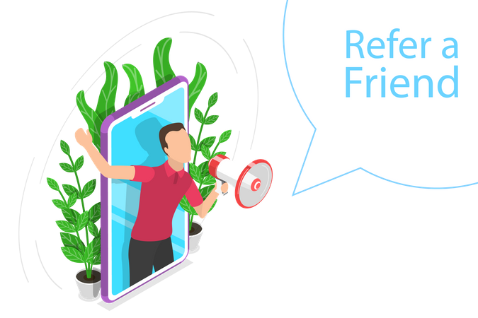 Man holding megaphone and  refer a friend online  Illustration