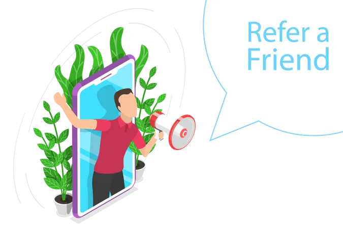 Man holding megaphone and  refer a friend online  Illustration