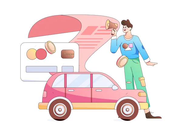 Man holding megaphone while announcing car insurance policy payment  Illustration
