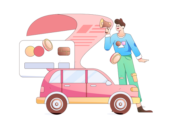 Man holding megaphone while announcing car insurance policy payment  Illustration