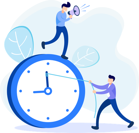 Man holding megaphone while other guy pulling time  Illustration