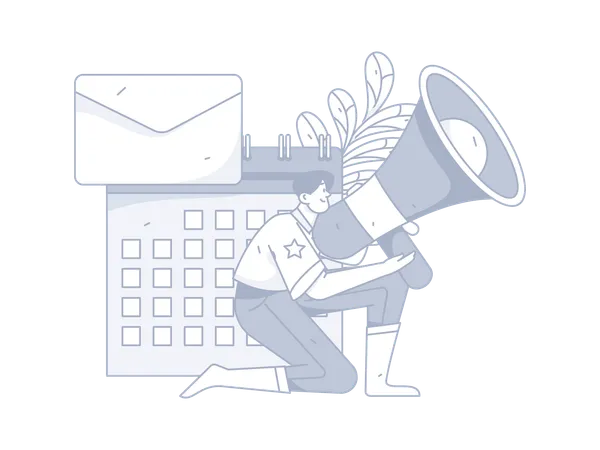 Man holding megaphone while working with marketing schedule  Illustration
