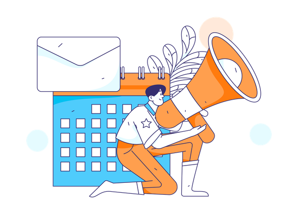 Man holding megaphone while working with marketing schedule  Illustration