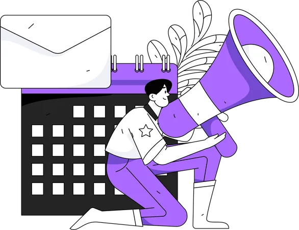 Man holding megaphone while working with marketing schedule  Illustration