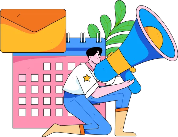 Man holding megaphone while working with marketing schedule  Illustration