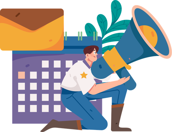 Man holding megaphone while working with marketing schedule  Illustration