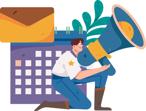 Man holding megaphone while working with marketing schedule  Illustration