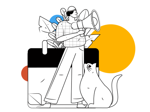 Man holding megaphone with cat  Illustration