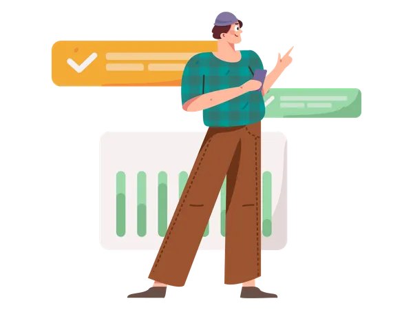 Man holding mobile and doing online analysis  Illustration