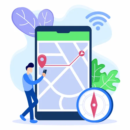 Man holding mobile and find location  Illustration