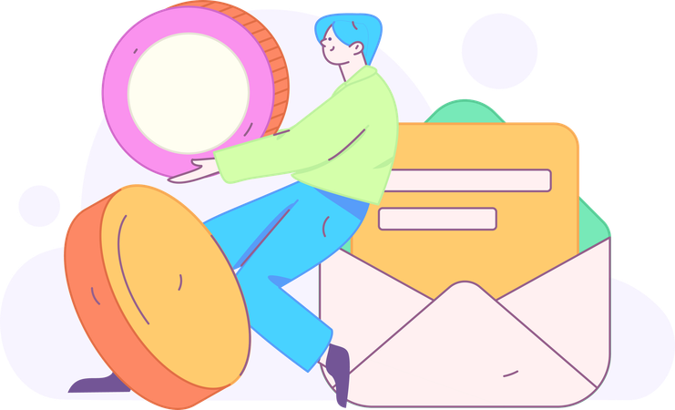 Man holding money while getting financial mail  Illustration