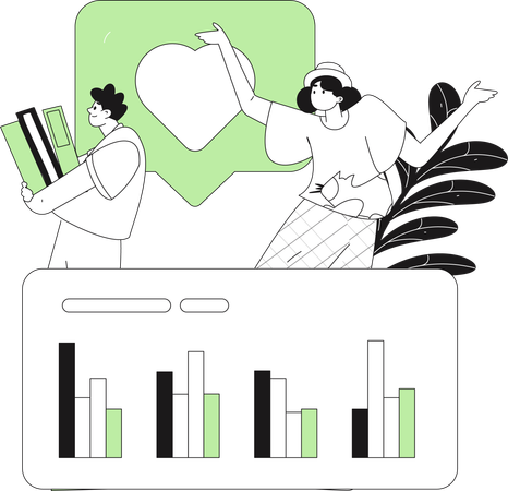 Man holding office file while girl doing marketing analysis  Illustration