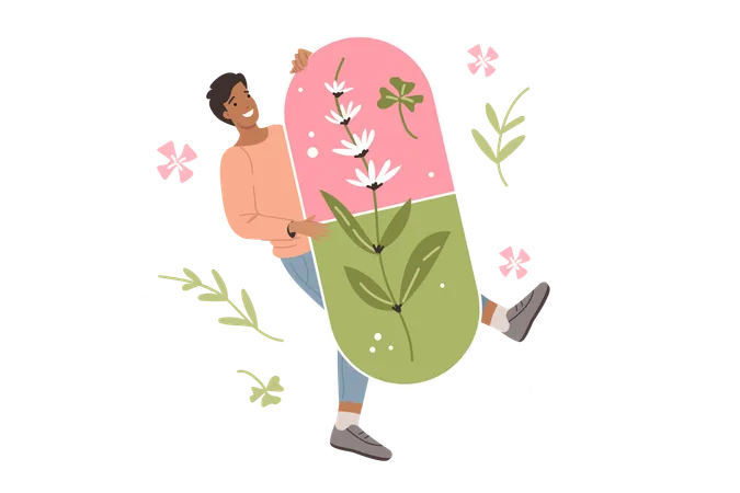 Man holding organic pill  Illustration