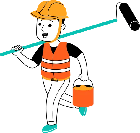 Man holding paint brush and paint bucket  Illustration