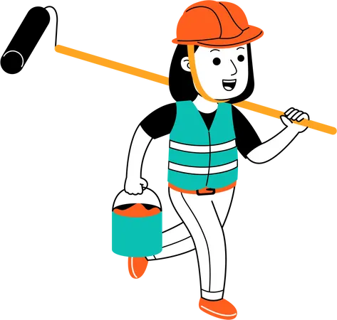 Man holding paint brush and paint bucket  Illustration