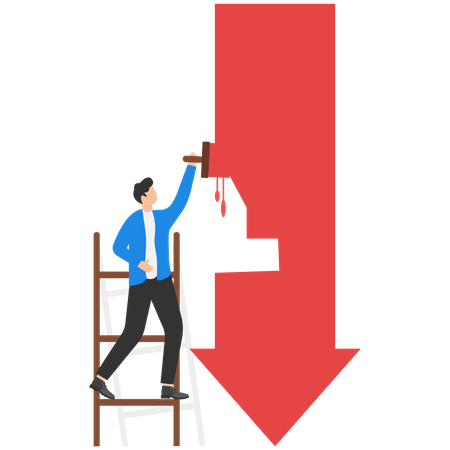 Man holding paint roller and painting red arrow down  Illustration