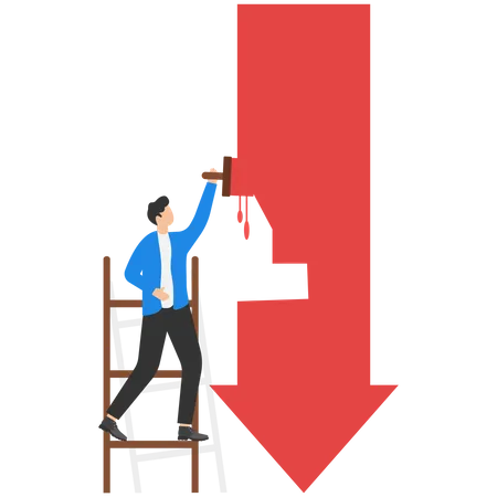 Computer Holding Paint Roller And Painting Red Arrow Down Crisis Vector Illustration Illustration