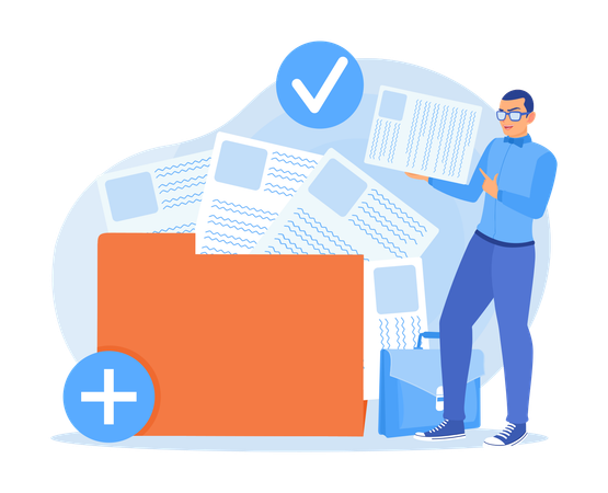 Man Holding Paper Document while save in folder  Illustration