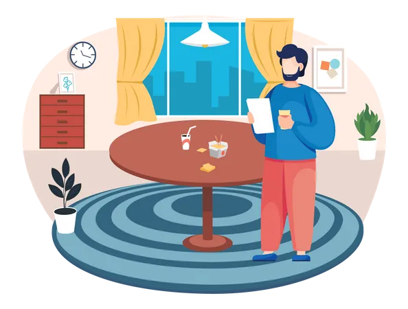 Bearded Man With A Paper Sheet Is Standing In A Room With Big Round Table With Fast Food Box And Drink Flat Vector Illustration Character Indoors Alone At Home Reading And Eating In Livingroom Illustration