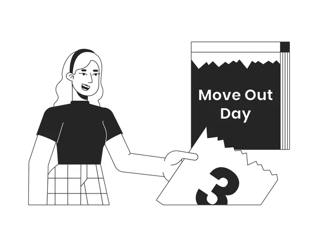 Calendar Woman On Moving Out Day Black And White 2 D Line Cartoon Character Caucasian Girl Ready To Relocation Isolated Vector Outline Person Moving House Day Monochromatic Flat Spot Illustration Illustration