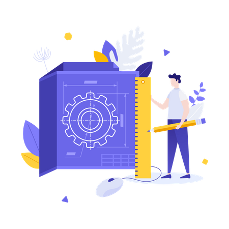 Man holding pencil and ruler and document with gear wheel scheme  Illustration