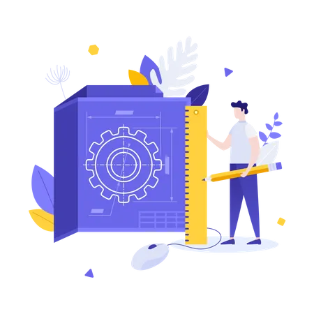 Man holding pencil and ruler and document with gear wheel scheme  Illustration