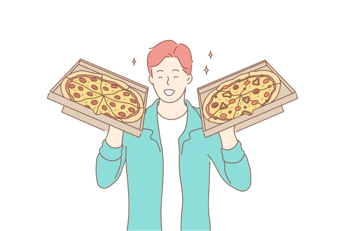 Pizza Food Delivery Happiness Concept Young Happy Smiling Man Or Boy Teenager Cartoon Character Stands With Two Pepperoni Boxes Fast Order Delivery Service And Taking Unhealthy Meal Illustration Illustration