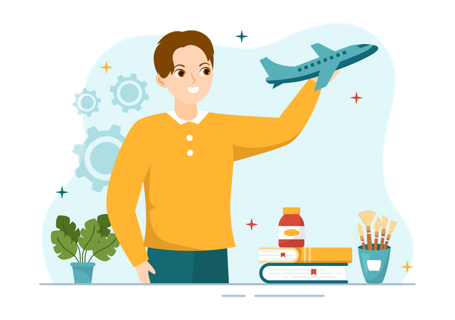 Man holding plane model  Illustration