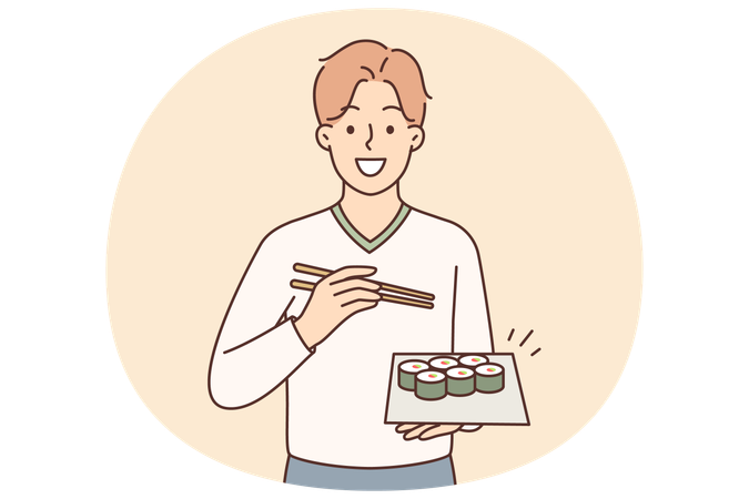 Man holding plate of maki rolls invites to dine in japanese restaurant with delicious healthy food  Illustration