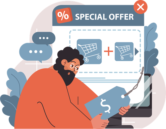 Man holding price tag while doing shopping in special offer  Illustration