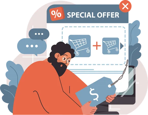 Man holding price tag while doing shopping in special offer  Illustration