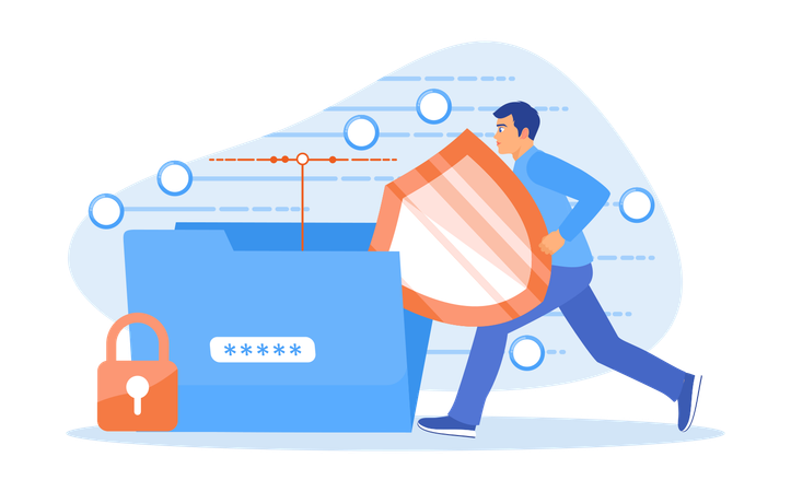 Man holding protective shield for Safely store and protect files on server Illustration