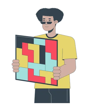 Man Holding Puzzles Board Flat Line Concept Vector Spot Illustration Getting Stuff Together 2 D Cartoon Outline Character On White For Web UI Design Productivity Editable Isolated Color Hero Image Illustration