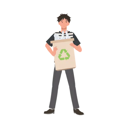 Man holding recycle box full of used glass  Illustration